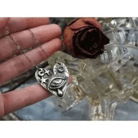 Silver Celestial Moonstone Crying Eye Sun Heart Pendant Necklace - Picture 6 of 9